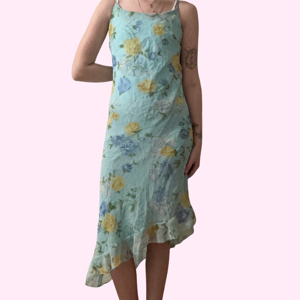 Vintage Hana Hawaiian Blue Floral A-Symmetrical Midi Spring Dress Size M